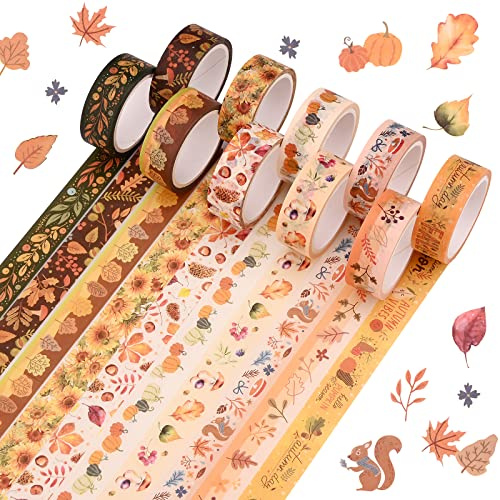 10 Rolls Fall Washi Tape Set,Autumn Maple Leaves Sunflower Pumpkin Patterned Decorative Masking Tapes for Fall Thanksgiving Christmas Holiday Arts Craft Tape DIY Scrapbooking Gift Wrapping Decorations