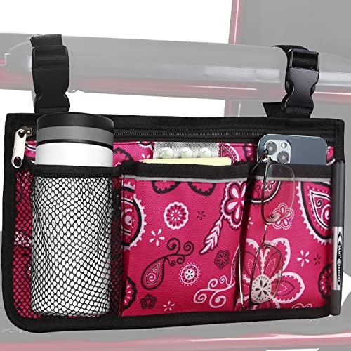 HSGEZUOQI Wheelchair Side Bag, Upgrade Flower Color Armrest Storage Pouch with Cup Holder and Reflective Strip Use of Waterproof Fabric, for Most Wheelchairs, Walkers or Rollators (Red Floral)