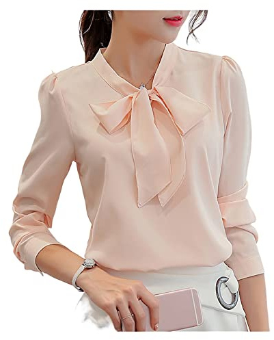 UNeedVog Office Lady Blouses Women's Pussy Bow Neck Shirts Long Sleeve Button-up Casual Tops Pink