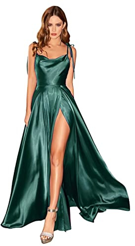 BABYONLINE D.R.E.S.S. Robe de Soirée Longue Chic Satin avec Fente Robe de Cocktail Chic Mariage Col V Dos Nu sans Manches Vert Foncé 36