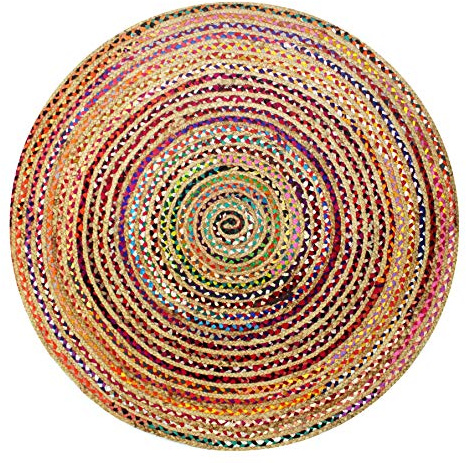 COTTON CRAFT Jute-Chindi-Flickenteppich – Boho-Bauernhaus-Teppich mit rustikalem Akzent, handgewebt, wendbar, natürliche recycelte Baumwolle, Wohnzimmer-Höhle, Heimdekoration, Geschenk, 90 cm, rund,