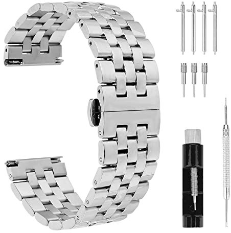 Cobee Dicke Edelstahl Uhrenarmbänder, robuste, verbundene, polierte Metall Uhrenarmbänder mit Butterfly Verschluss, Schnellverschluss Armband aus massivem Stahl (22 mm, Silber)