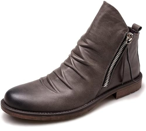 Stivali Medi da Uomo Stivaletti con Cerniera Laterale Scarpe Eleganti Formali con Tacco in Pelle Scarpe Classiche,Grigio,47 EU