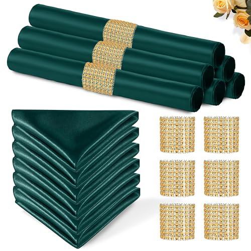 Eychei 100 Pack Dark Green Satin Napkins and Napkin Rings Set, 12 x 12 Inch Silky Soft Cloth Napkins Set of 50, Square Satin Dinner Table Napkins Bulk for Wedding Banquet Graduation Party Decoration