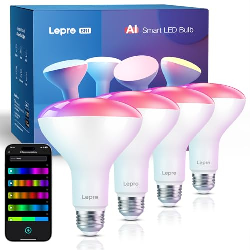 Lepro BR1 AI LED Smart Bulbs - AI Generated Lighting, LightGPM 2 with LLM, LightBeats Music Sync, Voice Control Via App, RGBWW Colors, Compatible with Alexa & Google Assistant, BR30 E26 8W, 4 Packs