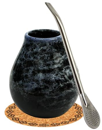 Gaucho Yerba Mate-Tee Kalebasse Set●Mate tee becher Marmol Blue 350ml●Keramik tasse●Edelstahl trinkhalm Bombilla 19cm●Mate Trinkgefäß mit Strohhalm● Korkpad