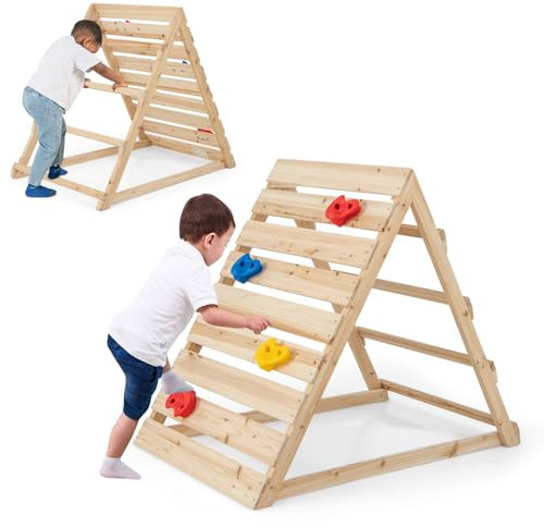 COSTWAY 2 en 1 Triangle d’Escalade Montessori Enfant avec Rochers Colorés, Échelle d'escalade Triangulaire en Bois de Sapin avec Structure Triangulaire, Charge 50kg pour Enfant de 3-8 Ans