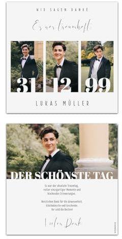 Personalisierte Jugendweihe Dankeskarten mit eigenen Fotos - quadratisch 148x148mm, dickes Papier, ab 10 Stück selbst gestalten - Foto Meilenstein