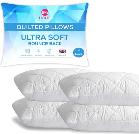 I&S Home Pillows 4 Pack Hotel Quality Soft Support Bed Pillows - Quilted Premium Microfiber Cover, Bounce Back & Extra Filling – Perfect Pillows for Side & Back Sleepers | 50x75 cm (4 Pack)