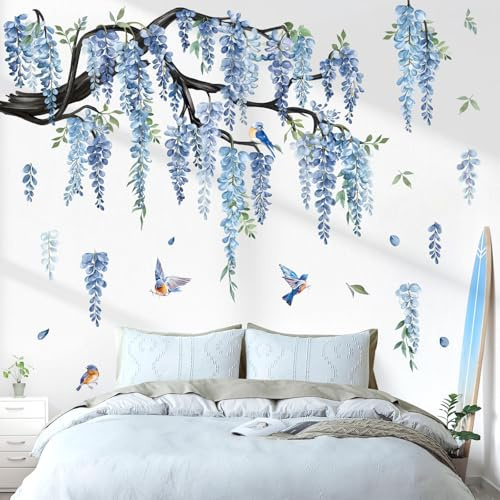 decalmile Adesivi Murali XXL Ramo di Albero Fiori Blu Adesivi da Parete Uccelli sul Ramo Fiori Foglie di Vite Acquerello Decorazione Murale Camerette Bambini Soggiorno Camere Ragazze