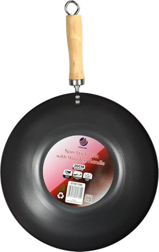 Non-Stick Wok with Wooden Long Handle Chinese Wok Pan Flat Base Made of Coated Carbon Steel Stylish Cookware (30cm)