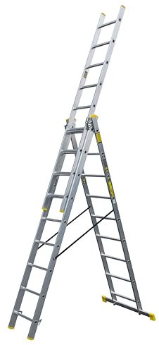 Bayersystem BS-DW 3x9 Mehrzweckleiter, 3x9 Sprossen, 3-teilige Alu-Kombileiter, bis 150 kg belastbar, max. Arbeitshöhe 6,01 m, Klappleiter, Multifunktionsleiter, Stehleiter, Silber/Gelb