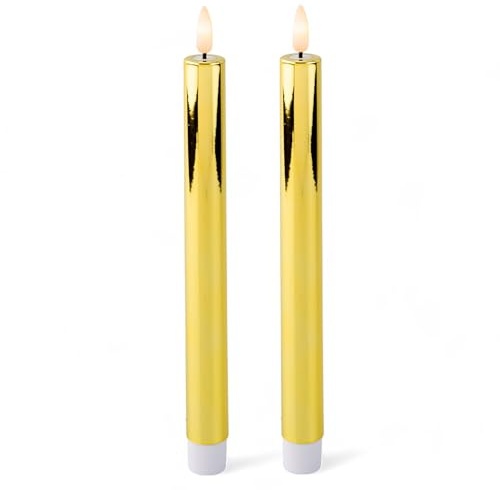 MIJOMA LED-stearinljus med realistisk låga, timer och batteridrift | Inomhus LED-ljus med varmvitt ljus | Naturlig utseende (Guld - slät yta, Ø2cm x 24cm)