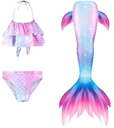 EYNMVR Fish Bikini zum Cosplay für Mädchen Schwanz kostüme für Kinder,ohne Einlagen Hart Monoflosse 3 Stück Hellblau 12-13 Jahre