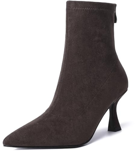 RIBONGZ Brown Ankle Boots for Women Kitten Heeled Booties Back Zipper Pointed Toe Dressy Fur Mid Calf Short Stiletto High Heel Fashion Suede Work Dress Shoes 10.5
