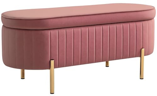 HOMCOM Banc de Rangement, Bout de lit en Velours, Coffre de Rangement avec Couvercle, Pieds en métal, capacité 72 L, jusqu'à 220 kg, Banquette pour Salon, Chambre, entrée, 108x44x43,5cm, Rose