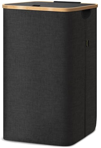 BALEINE Laundry Hamper with Lid, Tall Laundry Baskets with Bamboo Pull Handles, Large Laundry Bin with Internal Support (26Gal/100L, Carbon Black)