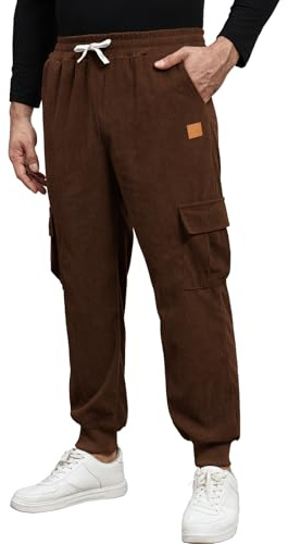 Suwangi Herr Corduroy joggingbyxor, cargobyxor, sweatpants träningsbyxor elastisk midja, manchesterbyxor, fritidsbyxor med fickor