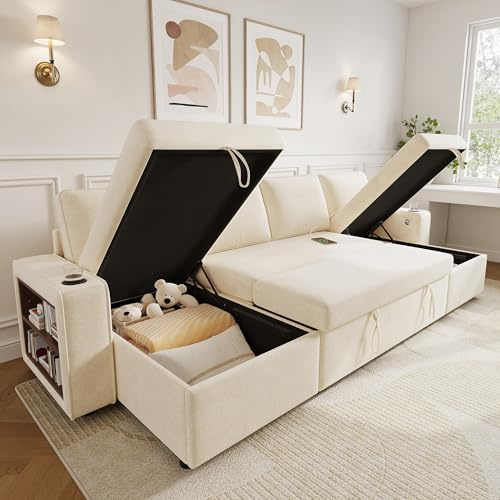Divano angolare a forma di U con funzione letto, divano letto estensibile, vano portaoggetti integrato, doppia chaise longue con vano portaoggetti nascosto, portabicchieri, porta ricarica USB e