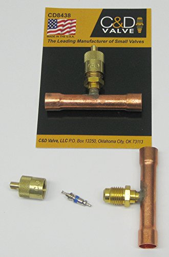 C&D CD8438/2 tee with 1/4 m. Flare Access on 3/8 Copper Tube, swaged at Each end for 3/8 OD Tube, CD2250 Brass Wrench Cap and Valve core