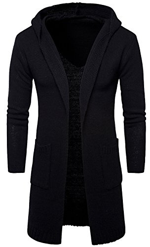 WSLCN Homme Cardigan Outerwear à Capuche Cardigan Longue Tricoté à Manches Longue Manteau Long Slim Fit Noir Large