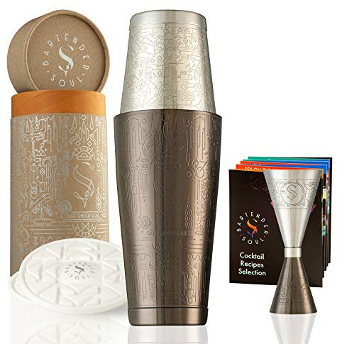Exclusive Boston Cocktail Shaker - Black - Professional Full Weighted Set, Precision Jigger, 2 Versatile Coasters and Recipes Guide