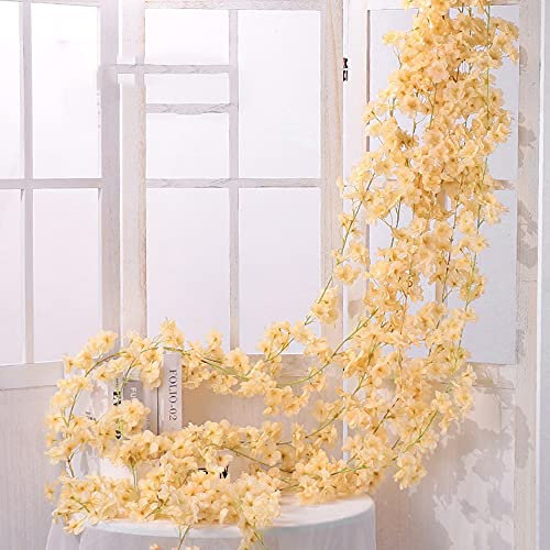 3 Stück Künstliche Kirschblüten Girlanden Blumengirlande Blumen Rebe Seidenblumen Girlanden Hängende Kunstblumen Girlande Deko für Hochzeit Party Haus Garten Bogen Wände,135 Blütenköpfe Champagner