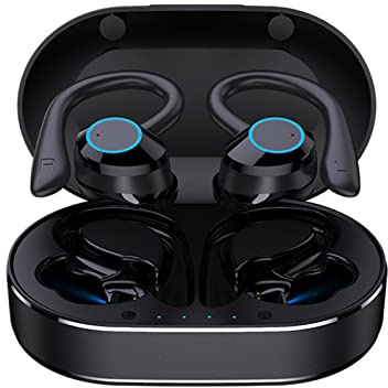Trådlösa Hörlurar, Q23 PRO Bluetooth 5.1 Sport Vattentäta Hörlurar med Trådlöst Laddningsfodral, Stereo Brusreducerande öronkrokar Headset Inbyggd Mikrofon, för Sportresor Arbete Gym(Svart)