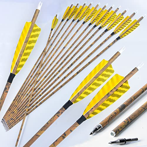 AMEYXGS Camo Carbon Flèche 30 Pouces Pratique Chasse Flèche Spine 500 avec 4 Pouces de Plumes Turquie pour Arc Traditionnel recurve Arc à poulies (12)