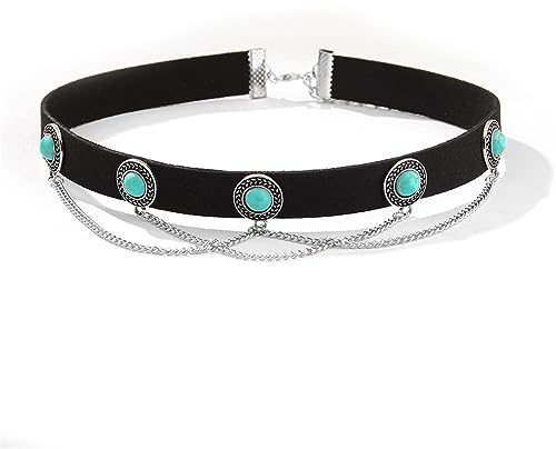 OIDEA Chokerkedja, boho-halsband, damer med turkos, strass och tofsar, svart halsband, choker av sammet, smal boho, retrostil, halloween halsbandssmycken, gåva, Sammet