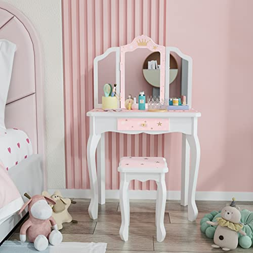 JOYMOR Kids Vanity Set, Wooden Princess Makeup Table with Stool, Tri-Folding Mirror, Large Drawer, Solid Wooden Legs Pretend Beauty Make Up Dressing Play Set for Girls Best Gift (White & Pink)