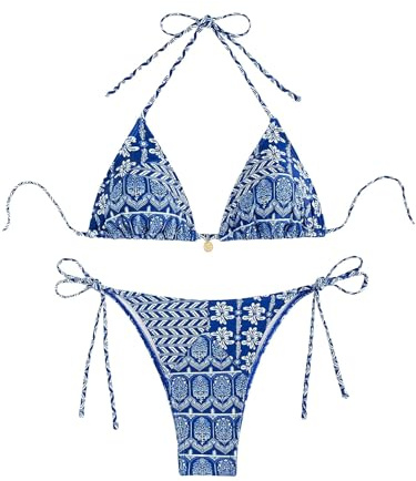 WDIRARA Women's 2 Piece Floral Print Swimsuits Geometric Halter String Triangle Bikini Set Beach Bathing Suit Blue and White X-Small