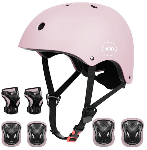 XJD Fahrradhelm Kinder Schoner Set(7er) Kinder Helm mit Knie- & Ellenbogen- & Handgelenkschützer Verstellbarer Schutz Jugend Skaterhelm für 3-13 Jahre Alt (Rosa Lila, M: 55-58 cm)