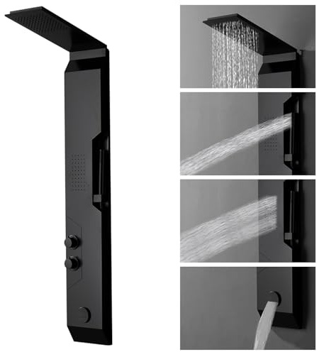 Homevacious 4 IN 1 Stainless Steel Multi-Function Shower Panel Tower System Rainfall Shower Head Massage Body Jets Handheld Shower and Bath Tub Spout Wall Mounted Bathroom Shower Panel Matte Black