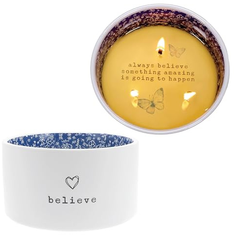 Pavilion Gift Company - Believe - 10-Ounce Surprise Hidden Message Natural Soy Wax Candle Jasmine Scented, 1 Count (Pack of 1), 5” x 2.67”