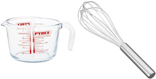 Pyrex Glass Measuring Jug, Transparent, 1 Litre & Metaltex 25 cm Stainless Steel Heavy Duty 8 Wire Whisk, Silver