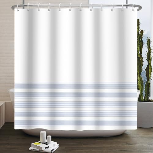 SDOTPMT 120x180cm Bohemian Retro Chic Stil Duschvorhang Modern Minimalismus Blau Gestreift Badvorhang Rustikal Bauernhaus Klassisch Ästhetisch Badewannenvorhang Baddekor Polyester mit Haken