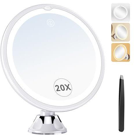 Auxmir Specchio Ingranditore 20X con Luci a 3 Colori, Luminosità Regolabile, da Parete 360° Girevole, a Ventosa Potente per Trucco Dettagliato, Casa e Viaggio