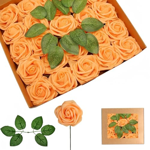 yayafunfun Rose Schiuma Arancione, Teste di Fiori Artificiali 25 Pezzi, Rose Finte Schiuma Teste di Rosa Con Foglie,Rosa Artificiali in Gommapiuma per Matrimonio Bouquet Sposa Torte DIY Decorazioni