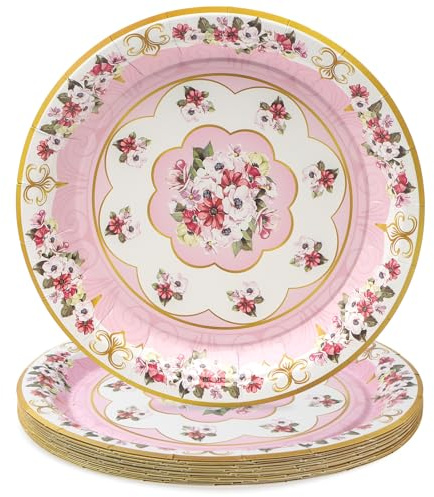 PARTY GO Flower Tea Paper Plates Party Supplies for Wedding Birthday Afternoon Tea Party Table Decor Serve 16 Guests