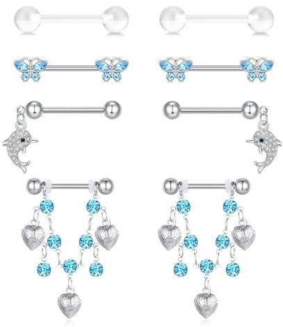 MODRSA 4 Pairs Nipple Bars, 14G 14mm 16mm Nipple Piercing Jewellery, Stainless Steel Tongue Bars Body Piercing Barbell for Women Blue