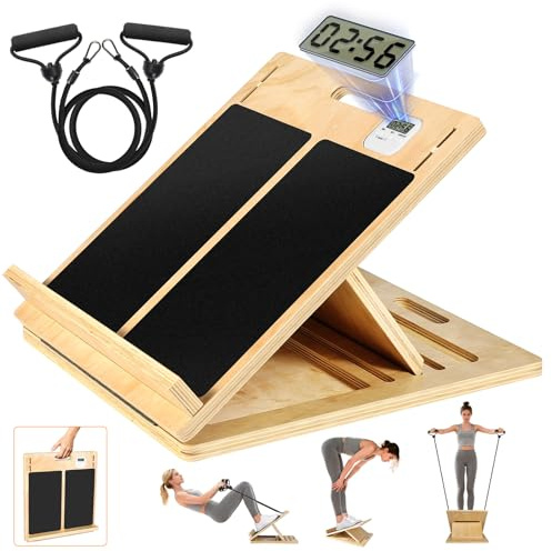 NZQXJXZ Upgrade Timekeeping Slant Board for Calf Stretching, 4 Adjustable Angles Wooden Stretch and Mobility Board with Stretch Straps, Non-Slip Calf Stretch Board for Home, Gym, Outdoor Use