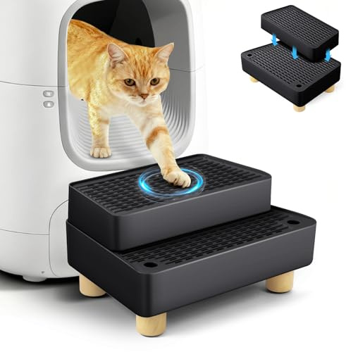 Bartuke Verstellbare 2-stufige Katzentoilettenrampe, Katzen Treppen & Stufen mit Holzfüße Filterfunktion, leicht zu reinigender Tiertreppe für ältere Katzen Automatische Katzenmüllbox (Schwarz)