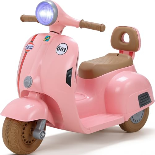 MAMIZO Moto Électrique pour Enfants 6V, Moto Électrique à 3 Roues, Marche Avant et arrière, avec Dossier, Phare, USB, pédale, Musique, 72 x 56 x 37 cm, 2km/h, Max 20kg, pour Enfants de 3-6 Ans, Rose