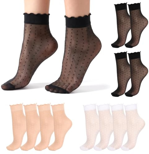 HJZHII 12 par strumpor silkesfina nylonstrumpor damer ankelstrumpor tunna fina strumpor prickar mönstrade strumpor nylon vardagsstrumpor gosiga strumpor för kvinnor flickor