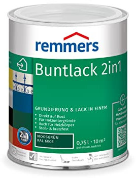 Remmers Buntlack 2in1 moosgrün (RAL 6005), 0,75 Liter, Buntlack für Holz, Eisen, Stahl, inkl. Grundierung und Rostschutz, innen und außen