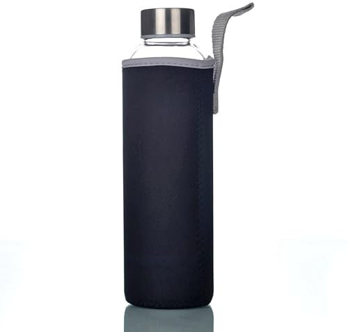 Trinkflasche aus Glas, Sportflasche to-go Glastrinkflasche (550 ml, Schwarz), Borosilikatglas, Wasserflasche Fahrradflasche Glasflasche Getränkeflasche und Deckel aus Edelstahl