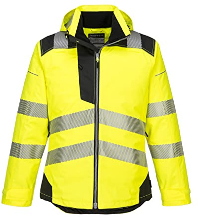 Portwest PW3 T400 Mens Hi Vis Hooded Work Jacket Waterproof Lightweight Quilt Lined Thermal Winter Safety Coat 300D Oxford Reflective Tape for Construction Rail Utility, Yellow/Black, XXL