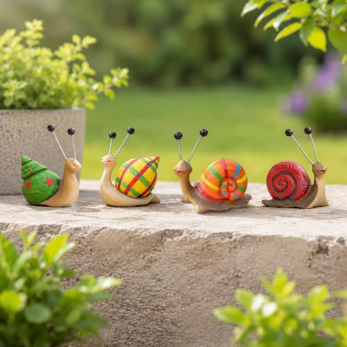 HomeZone Mini Snail Ornaments Set of 4 – Colourful Resin Animal Garden Decorations with Wobbly Antennae – Small Outdoor Garden Statues for Plant Pots, Fairy Gardens, Patio & Home Décor
