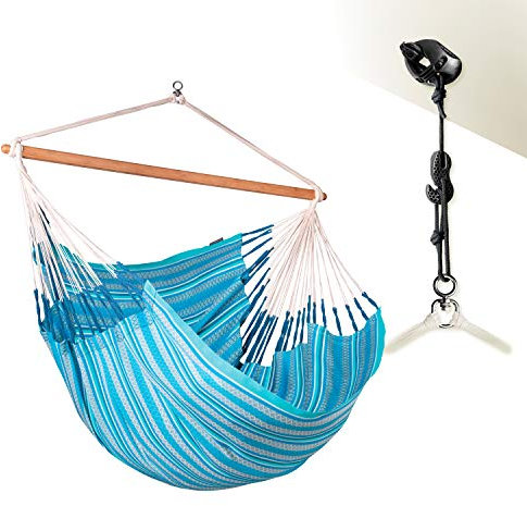 LA SIESTA® - Habana hängstol king-size fästset för avkoppling och stil: 360° vridfog, högkvalitativ bambuträ – GOTS-certifierad bomull (azure)